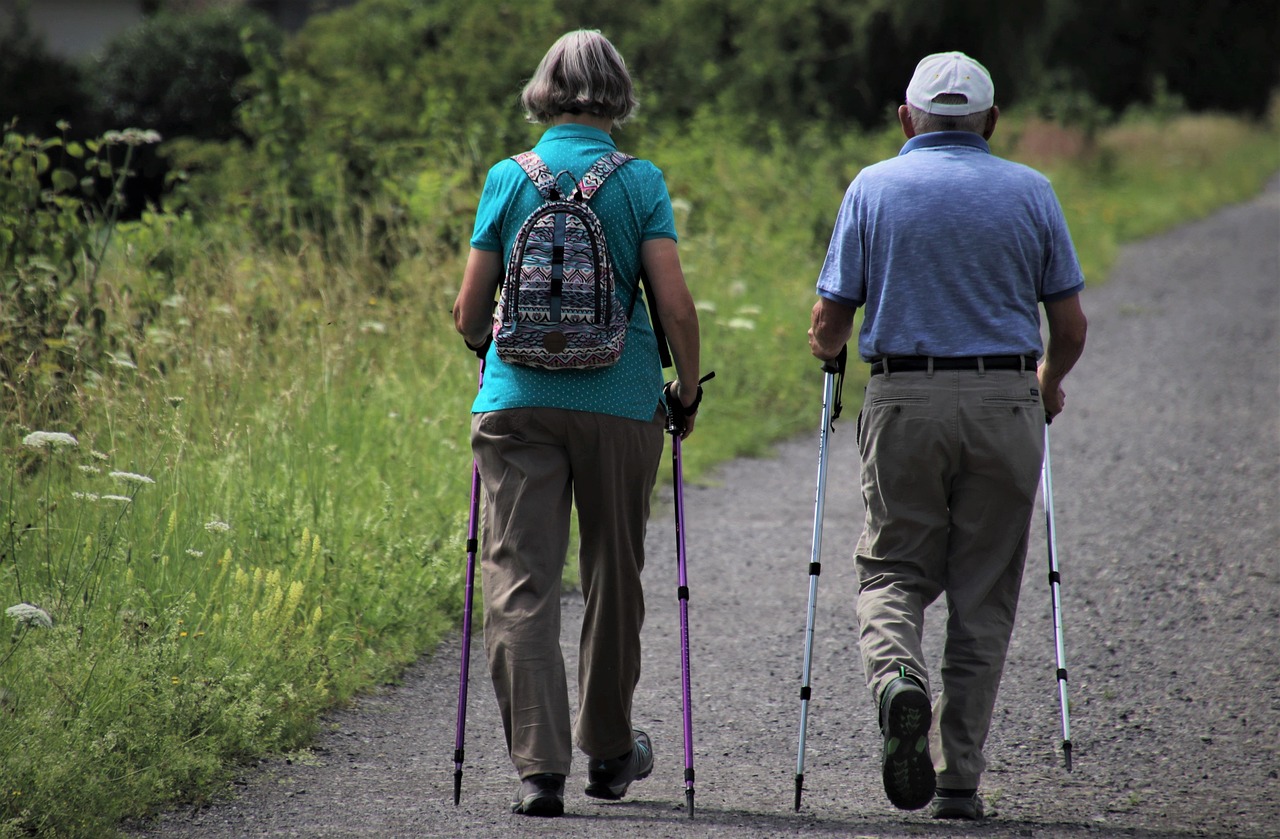 Das Bild zeigt eine ältere Frau und einen älteren Mann beim Nordic Walking.